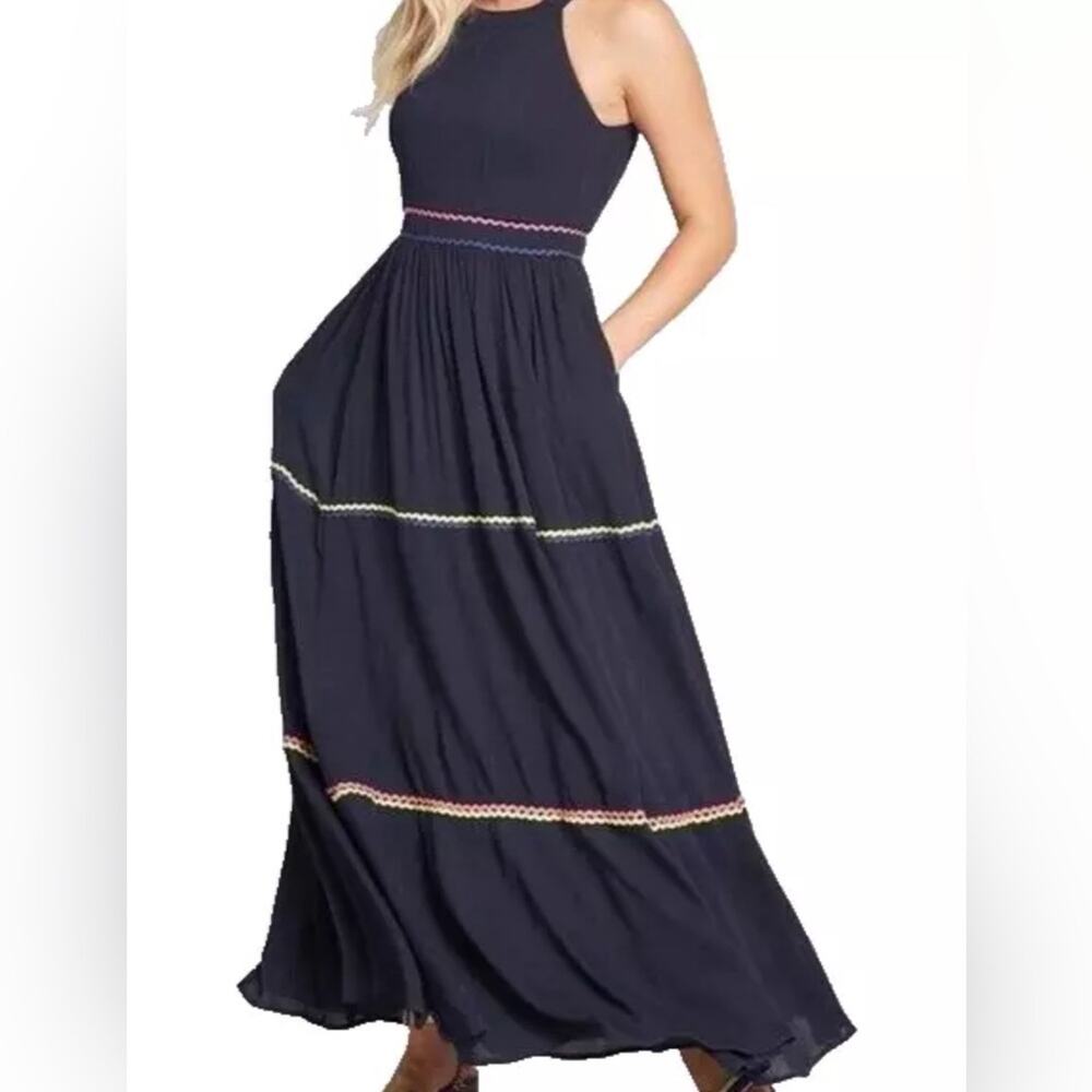 Modcloth Women's Size 2 XS Yes‎ to Festive Maxi Dress Navy Gauze RicRac Tiered